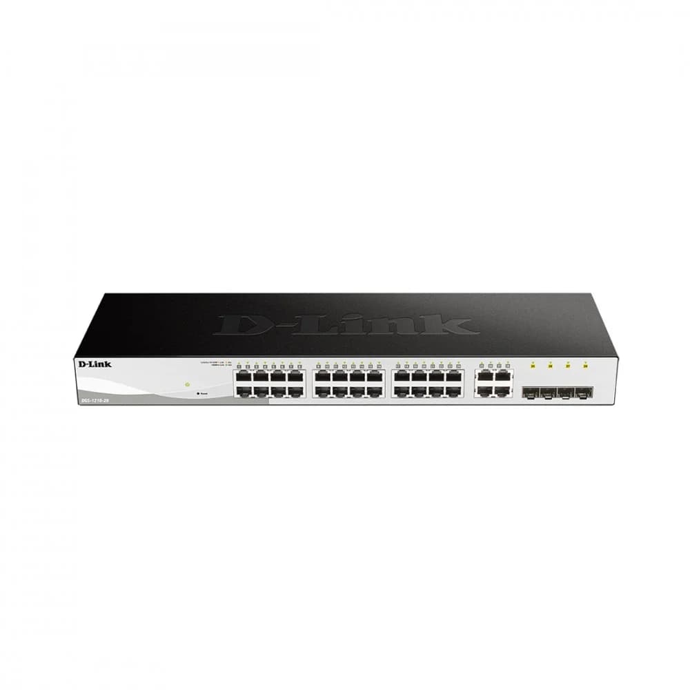 Коммутатор, D-Link, DGS-1210-28P/FL2A, 19-дюймовый стоечный, 24 порта 10/100/1000M RJ45+4 порта SFP, Управляемый, Корпус металл, 1U, PoE (802.3af/802.3at), PoE бюджет 193 Вт