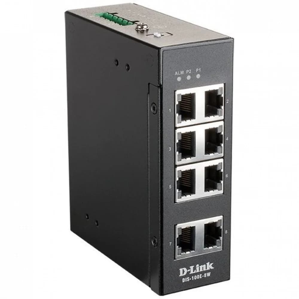 D-Link DIS-100E-8W/A1A, L2 Unmanaged Industrial Switch with 8 10/100Base-TX ports.1K Mac address, 802.3x Flow Control, Stand-alone, Auto MDI/MDI-X for each port, D-link Green technology, Metal case,