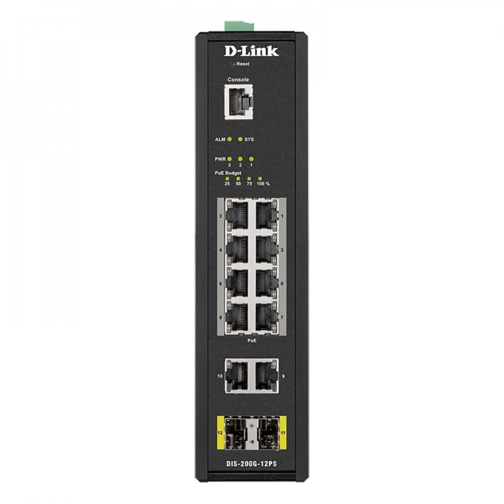 Коммутатор DIS-200G-12PS Managed L2 Industrial Switch 10x1000Base-T (8x1000Base-T PoE), 2x1000Base-X SFP, PoE Budget 123W, Surge 6KV, CLI, RJ45 Console, Alarm relay, Dying Gasp, DIN-Rail, metal case