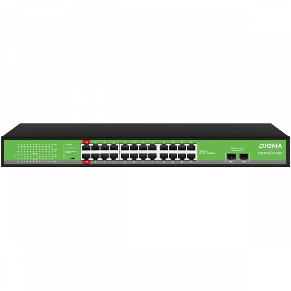 Коммутатор Digma DSP224G-2S-R400 (L2) 24x1Гбит/с 2SFP 24PoE 24PoE+ 2PoE++ 400W неуправляемый