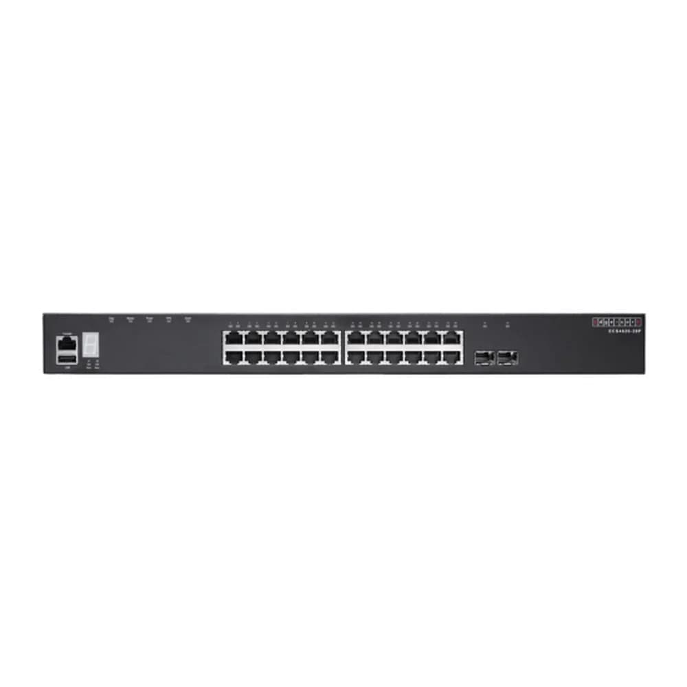 ECS4620-28T Edge-corE 24 x GE + 2 x 10G SFP+ ports + 1 x expansion slot (for dual 10G SFP+ ports) L3 Stackable Switch, w/ 1 x RJ45 console port, 1 x USB type A storage port, RPU connector, fan-less