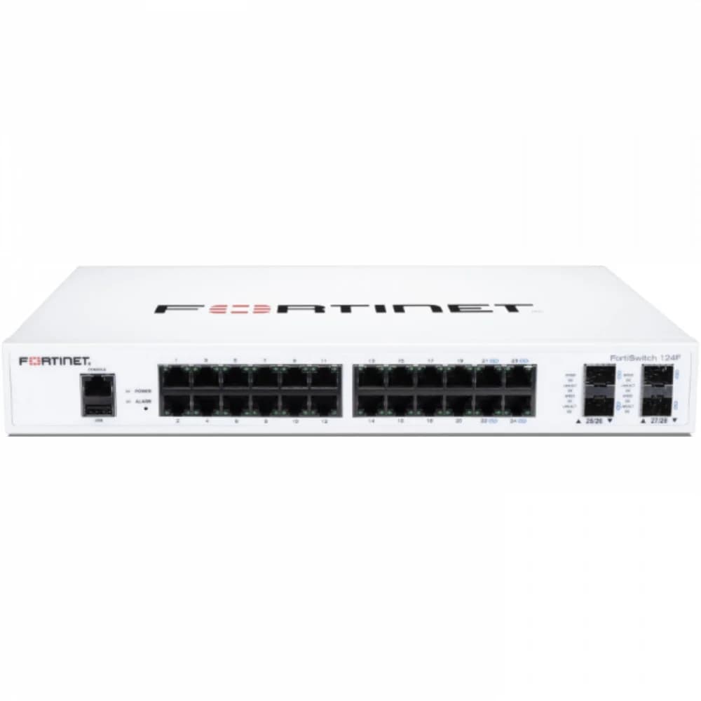 FortiSwitch-124F is a performance/price competitive switch with 24x GE port + 4x SFP+ port + 1x RJ45 console. Fanless design.