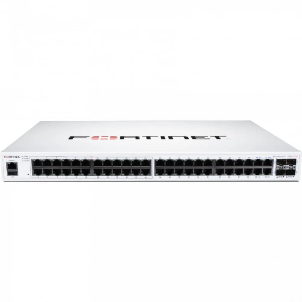 FortiSwitch-148F-FPOE is a performance/price competitive L2+ management switch with 48x GE port + 4x SFP+ port + 1x RJ45 console. Port 1- 48 are POE ports with automatic Max 740W POE output limit (4