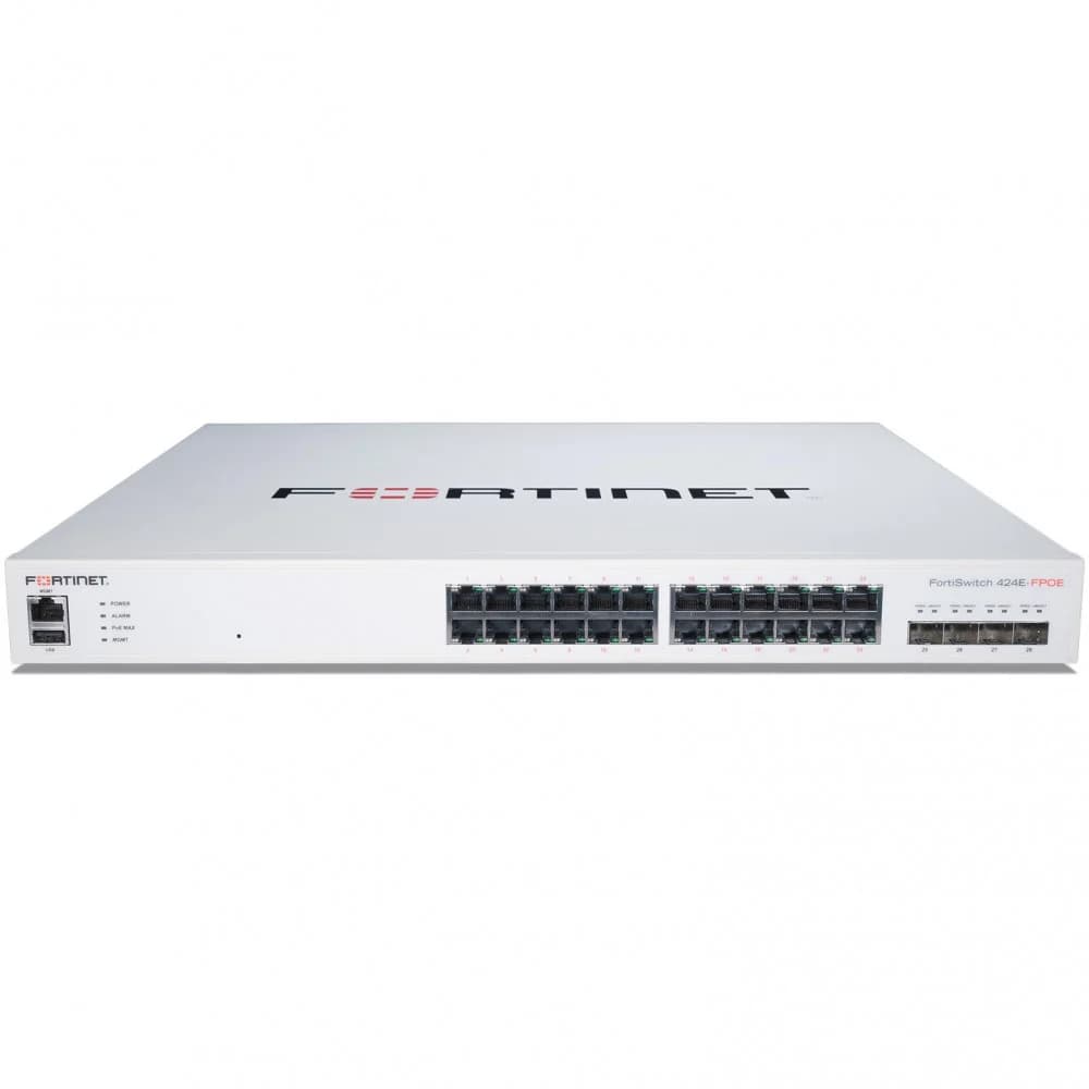 FortiSwitch-424E-FPOE Layer 2/3 FortiGate switch controller compatible PoE+ switch with 24 x GE RJ45 ports, 4 x 10 GE SFP+, with automatic Max 421W POE output limit
