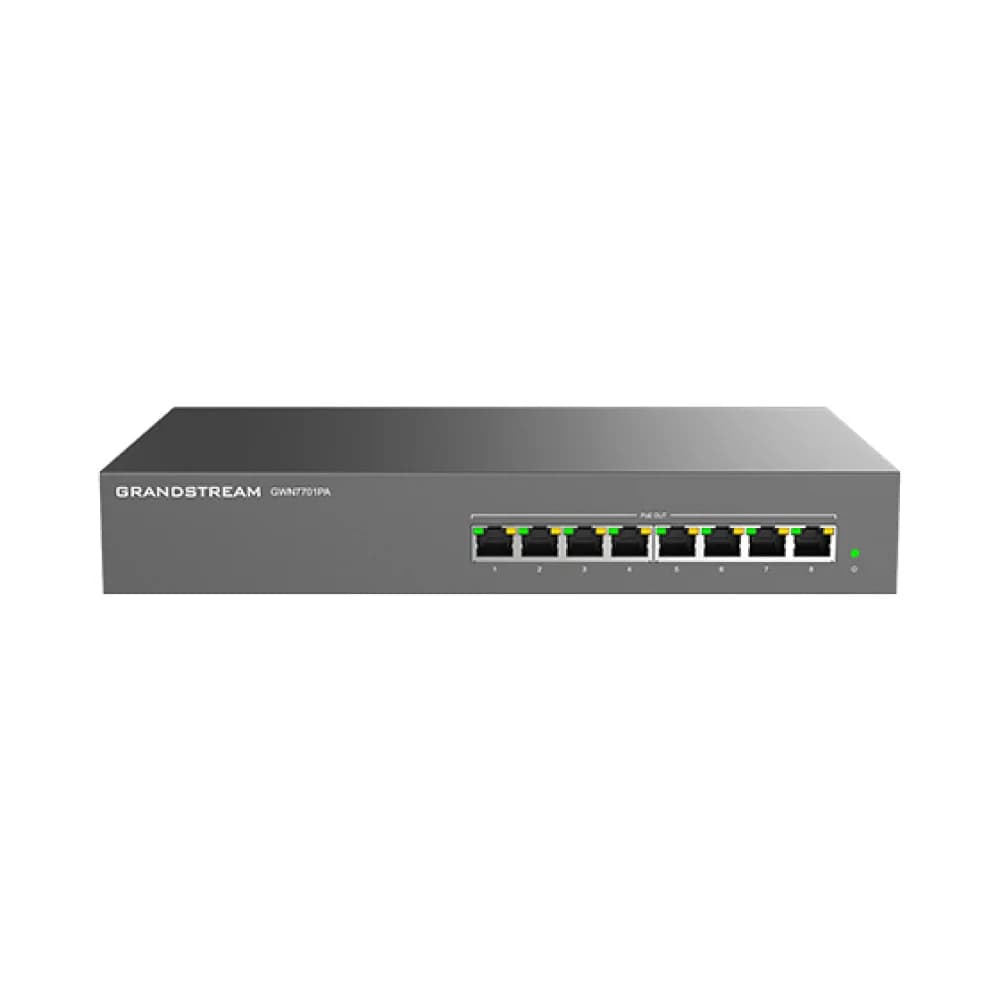 Коммутатор, Grandstream, GWN7701PA, Неуправляемый, 8 портов RJ-45 10/100/1000 Мбит/с, PoE 802.3 af/at До 30 Вт на каждом порте,бюджет мощности: 145 Вт, Настольный/в стойку, корпус металлический