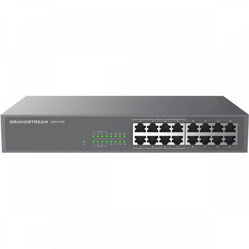 Коммутатор, Grandstream, GWN7702P, Неуправляемый, 16 портов RJ-45 10/100/1000 Мбит/с, 8 портов PoE 802.3 af/at, бюджет РоЕ: 138 Вт, Настольный/в стойку, корпус металлический