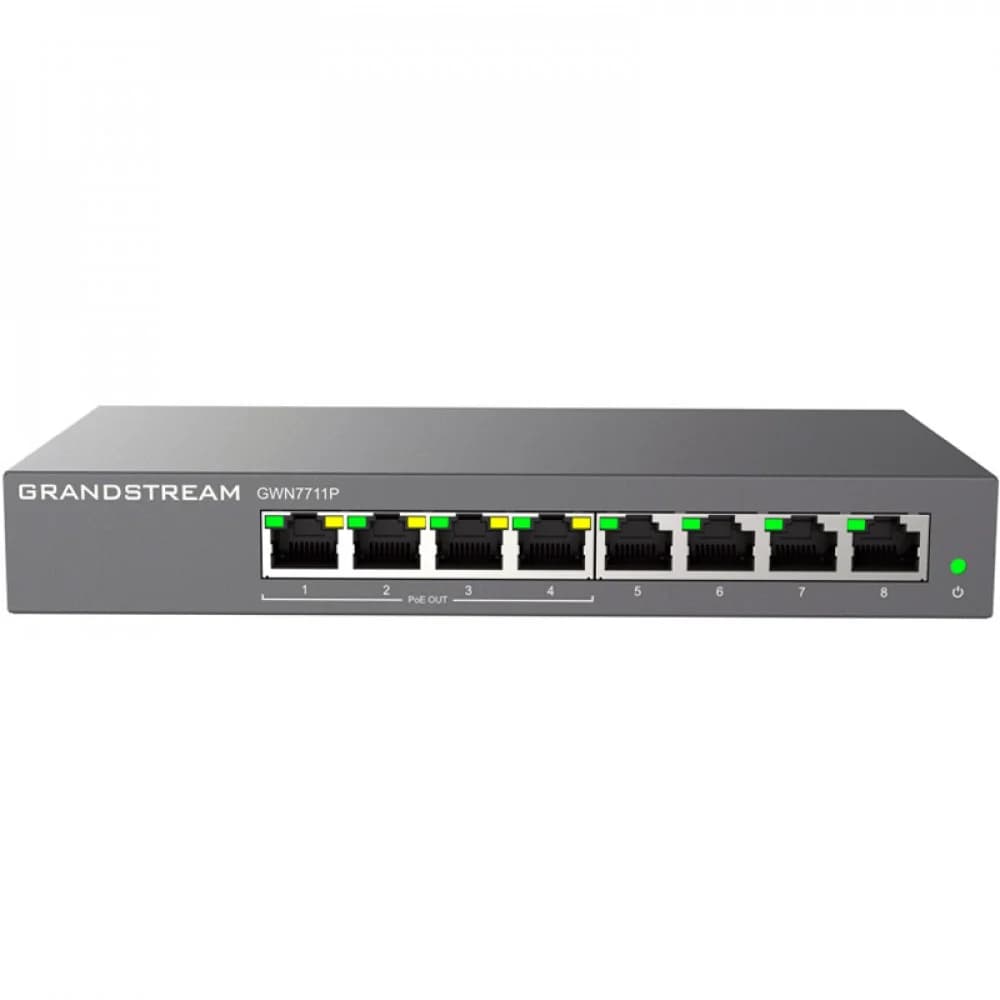 Коммутатор, Grandstream, GWN7711P, управляемый L2, 8 портов RJ-45 10/100/1000 Мбит/с,, 4 порта PoE/PoE+ 802.3af/at или Passive PoE +24 В, бюджет PoE 60W, Бесшумный режим: без вентилятора, Настольный