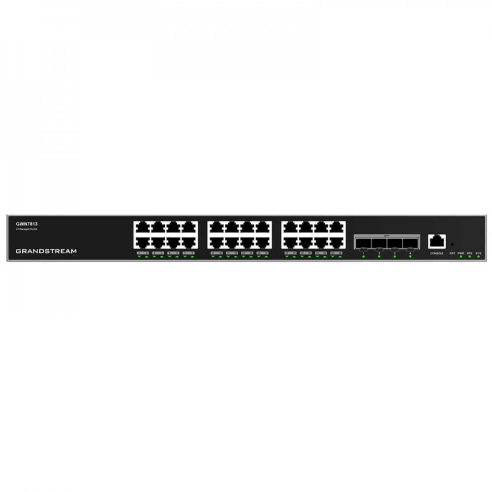 Коммутатор, Grandstream, GWN7813, Управляемый L3, 24 порта RJ-45 10/100/1000 Мбит/с, 4 порта SFP+, стекируемый, дополнительный резервный блок питания (опция), Настольный/в стойку