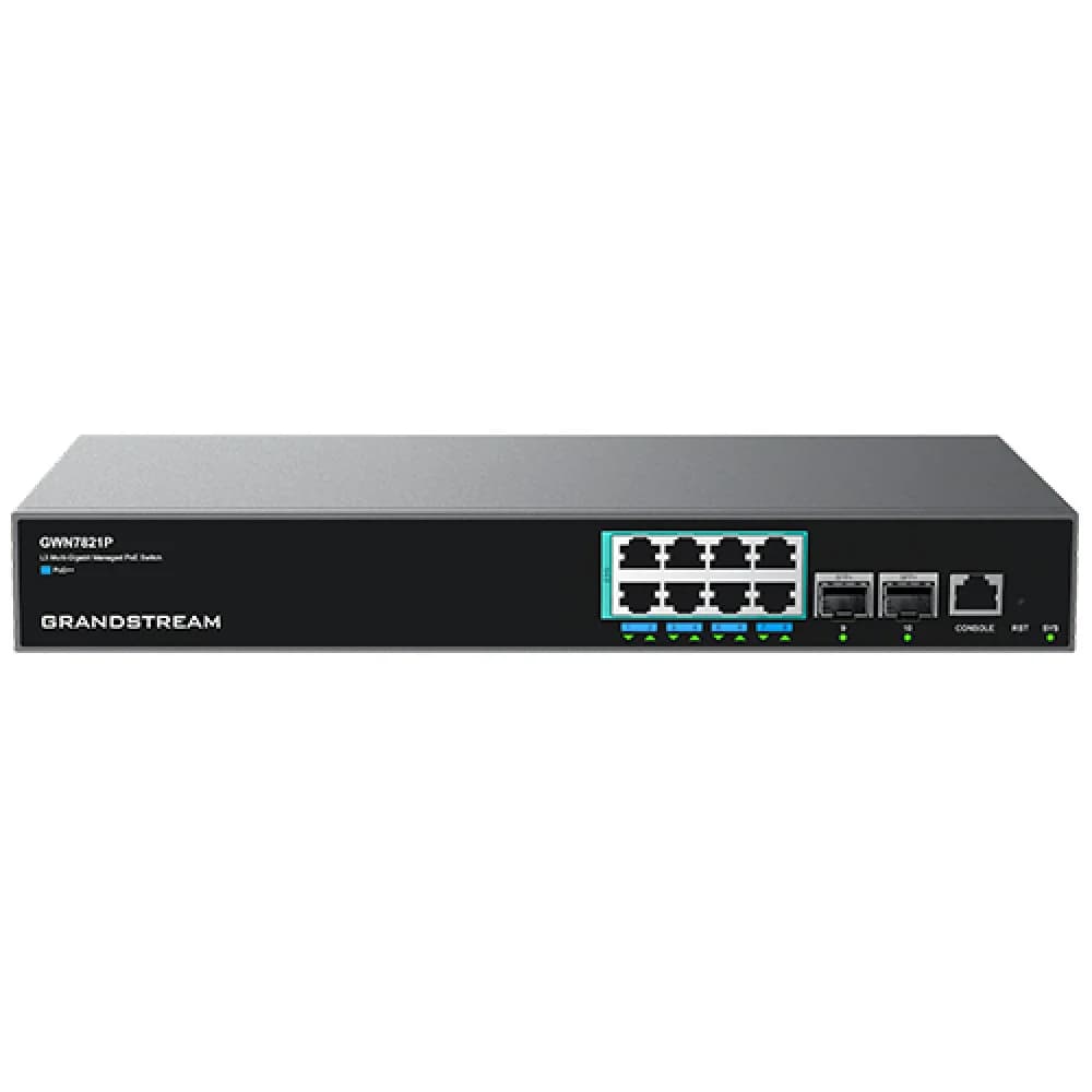 Коммутатор, Grandstream, GWN7821P, Управляемый L3, 2 порта SFP+, 8 портов 2,5G (RJ-45), 802.3 af/at, до 60 Вт, Общая мощность POE: 240 Вт, Встроенный блок питания