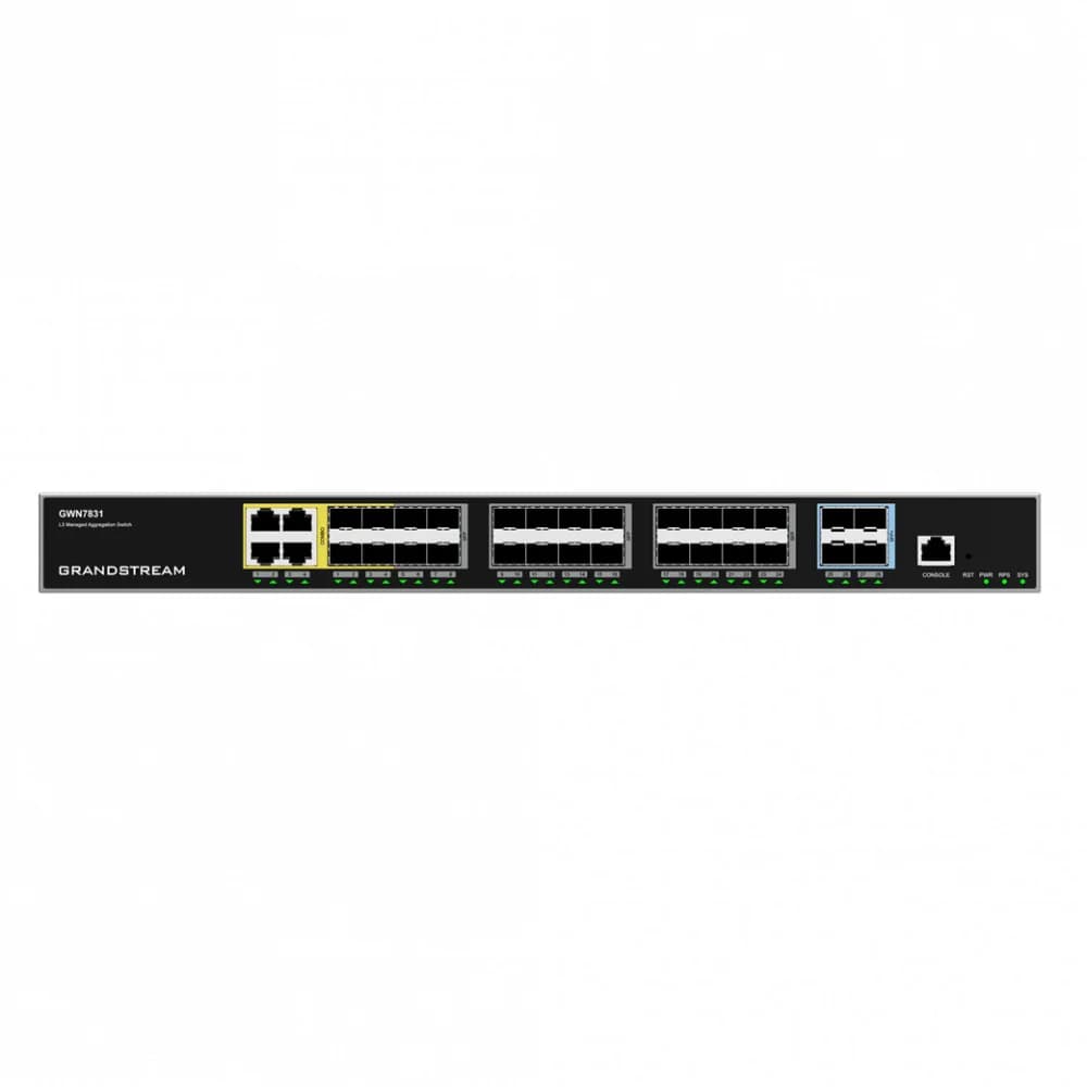 Коммутатор, Grandstream, GWN7831, Управляемый L3, 24 порта SFP, 4 порта SFP+, 4 комбо порта RJ-45/SFP, дополнительный резервный блок питания (опция), Настольный/в стойку