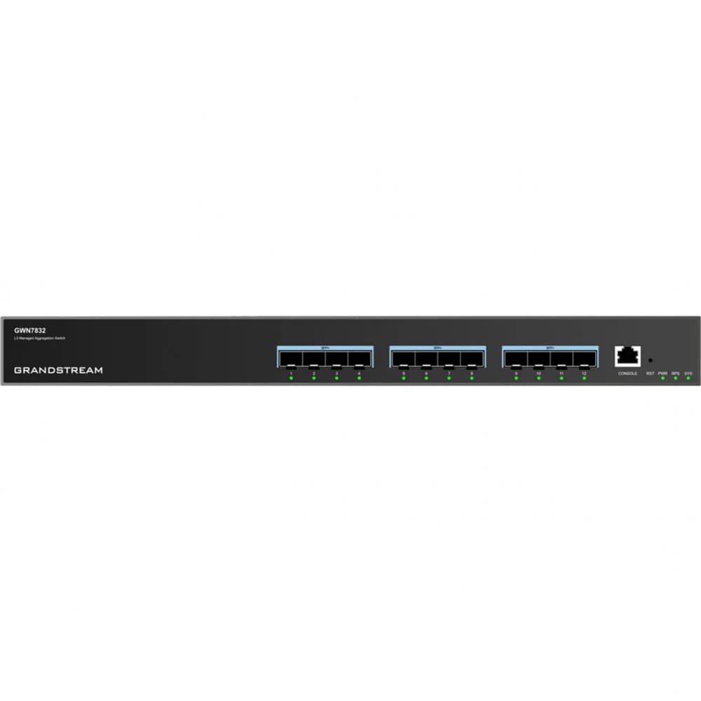 Коммутатор, Grandstream, GWN7832, Управляемый L3, 12 портов SFP+, дополнительный резервный блок питания (опция), Настольный/в стойку