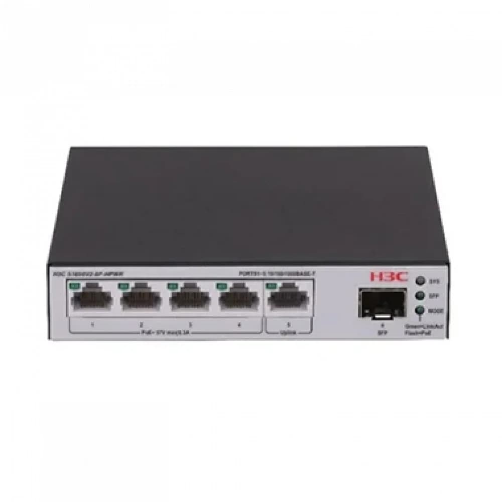 H3C S1600V2-6P-HPWR L2 Ethernet Switch with 5*10/100/1000BASE-T Ports (4 PoE+ Ports Included) and 1*100M/1G SFP Port, (AC)