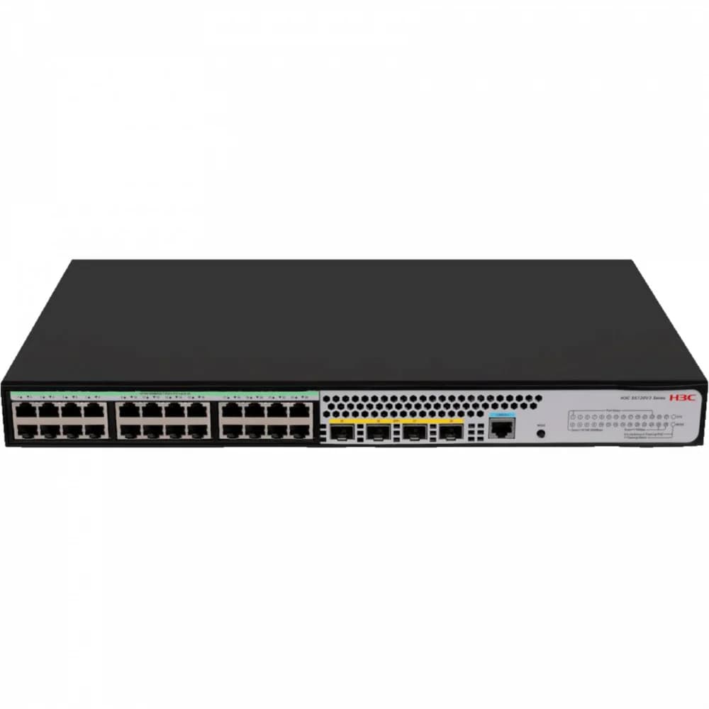 Коммутатор, H3C, LS5120V3-28S-PWR-LI-GL Switch, Управляемый L3, 24 порта 10/100/1000M (PoE 240Вт, 802.3af/at), 4 порта SFP+ 10G, AC 100~240 В, -5°C ~ +50°C, стоечный