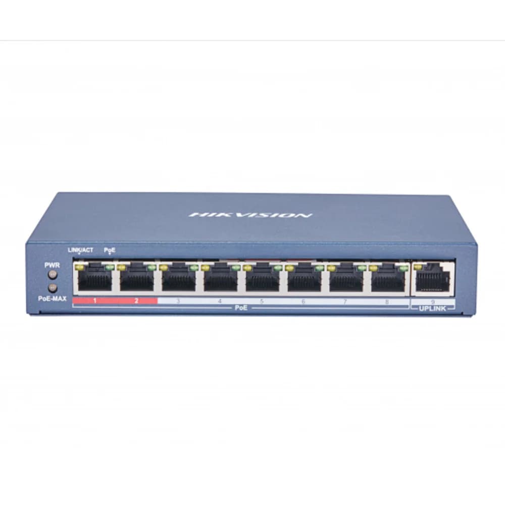 Hikvision DS-3E0109P-E(C) 9 RJ45 100M PoE с грозозащитой 6кВ, 2 порт с высоким приоритетом 1 Uplink порт 100М Ethernet бюджет PoE 115Вт поддержка режима передачи до 250м,10Мб/с, CAT5e таблица MAC а