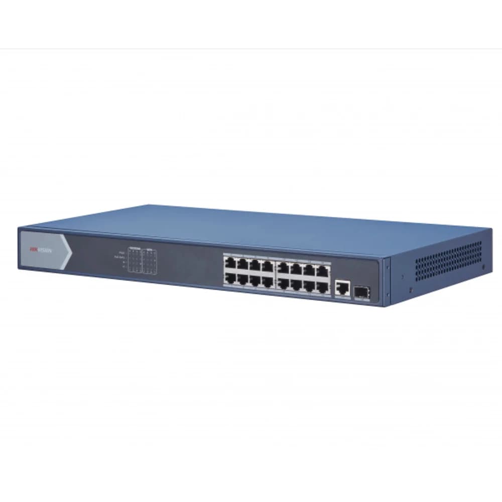 Неуправляемый коммутатор, 16 RJ45 1000M PoE с грозозащитой 6кВ, 2 1000М SFP uplink порта, бюджет PoE 125Вт, таблица MAC адресов на 8000 записей, пропускная способность 36Гб/с, стандарты PoE: IEEE802