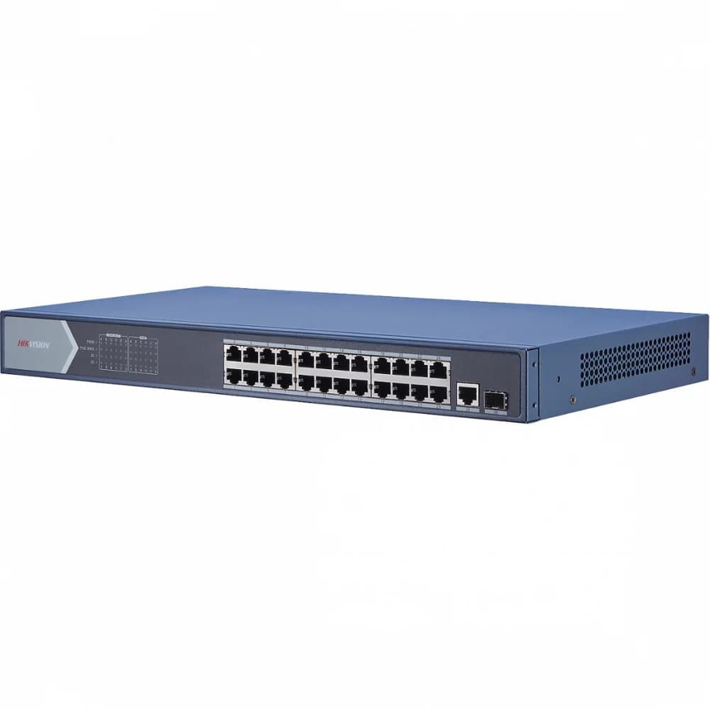 Неуправляемый, 24 RJ45 1000M PoE с грозозащитой 6кВ,1 Uplink порт 1000М Ethernet 1 1000М SFP uplink порта 802.3af/at, бюджет PoE 370Вт таблица MAC адресов на 8000 записей пропускная способность 52Гб
