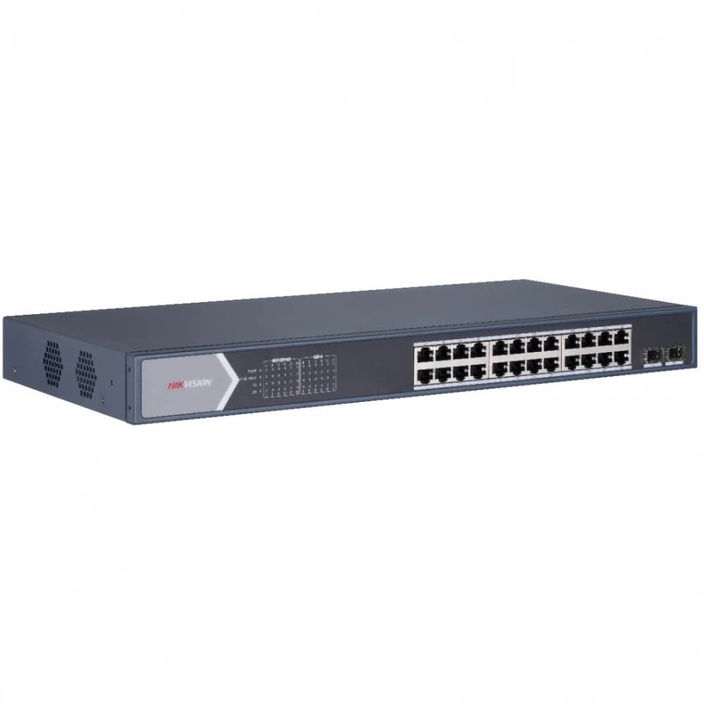 Неуправляемый коммутатор. 24 RJ45 1000M PoE с грозозащитой 6кВ, 2 1000М SFP uplink порта бюджет PoE 250Вт таблица MAC адресов на 8000 записей пропускная способность 52Гб/с стандарты PoE: IEEE802.3af