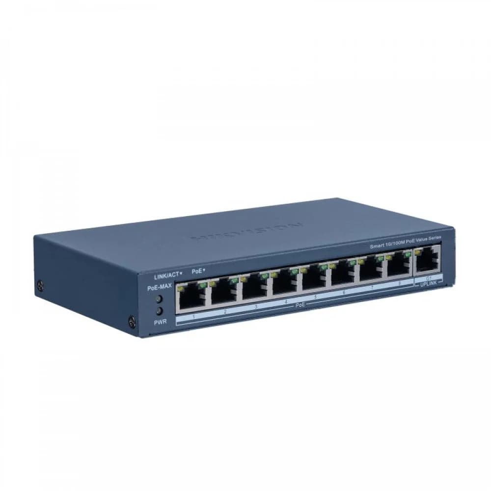 Коммутатор, Hikvision, DS-3E1309P-EI/M, Неуправляемый, 8 x 10/100 Mbps 1 x 1000 Mbps, 8 портов PoE, 802.3af/802.3at, 60W, Настольный, Метал