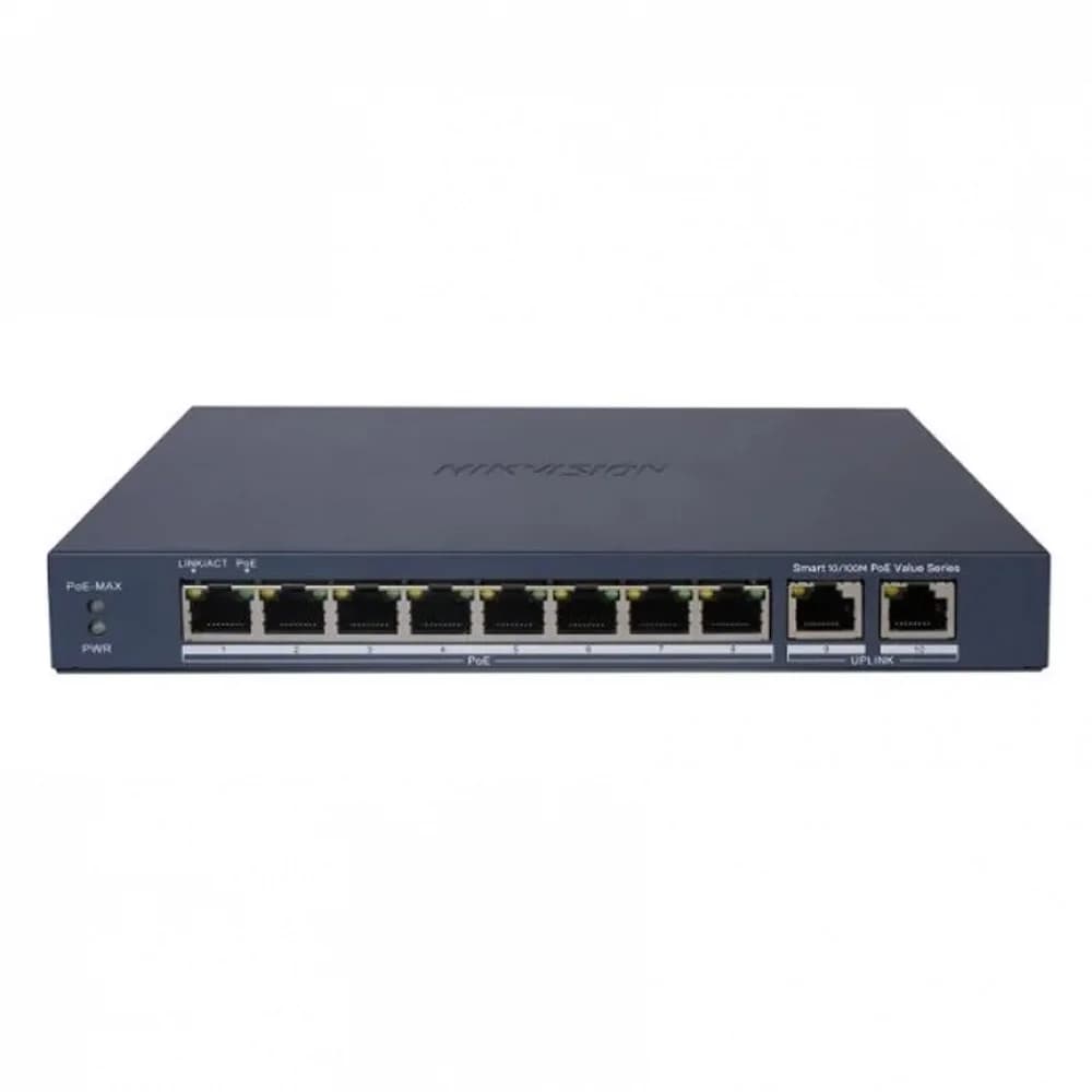 Коммутатор, Hikvision, DS-3E1310P-EI (B), Управляемый L2, 8 x 10/100 Mbps, РоЕ 802.3af/at 110W, 2 x Gigabit RJ45, Настольный, Металл