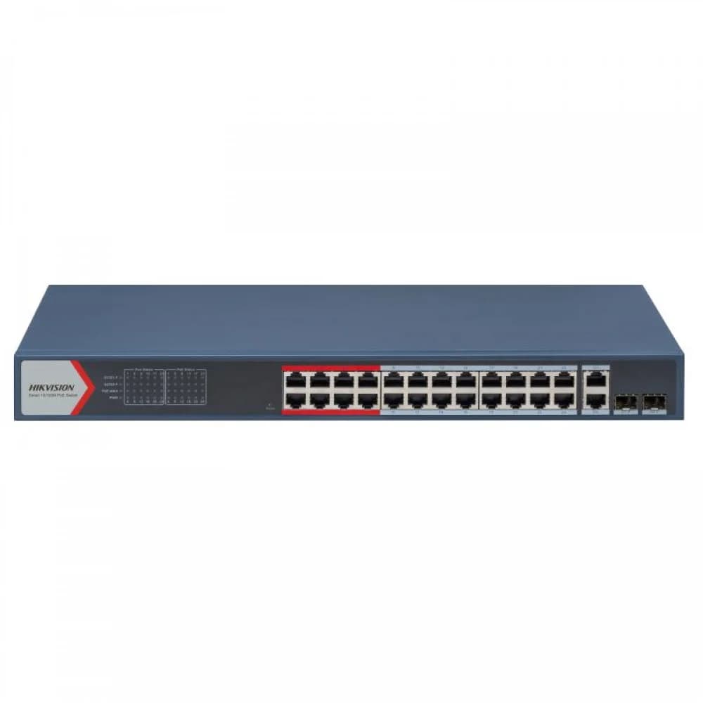 Коммутатор, Hikvision, DS-3E1326P-EI(B), Управляемый L2, 24 x 10/100 Mbps, РоЕ 802.3af/at 370W, 2 x SFP, 2 x 1000 Mbps RJ45, Стоечный, Long Range Ports 1 to 24: up to 300 m.