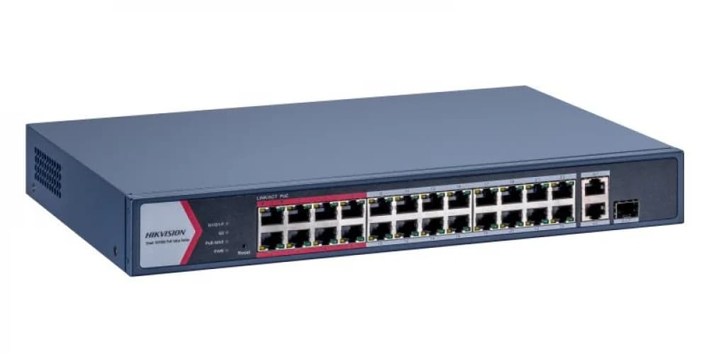 Коммутатор, Hikvision, DS-3E1326P-EI/M, Неуправляемый, 24 10/100M PoE, 1 x 1000 Mbps 1 gigabit combo port, 24 порта PoE, 802.3af/802.3at VLAN 802.1Q, 230W, Стоечный, Метал