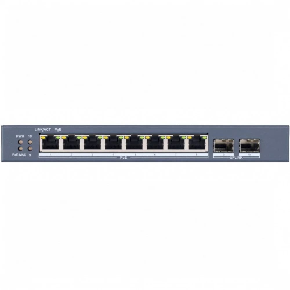 Коммутатор L2, Смарт-управляемый, 8 1000M PoE-порт, 2 1000M SFP-порт, 802.3af/at, бюджет PoE 110Вт, поддержка режима передачи до 300м, PoE watchdog, VLAN, QoS, SNMP, Port Mirroring, Storm Control, в