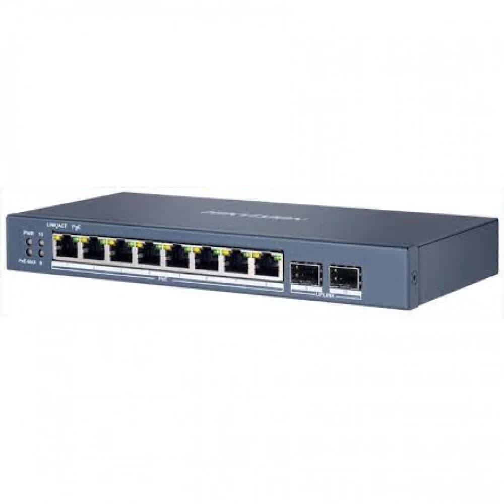 Коммутатор, Hikvision, DS-3E1510P-EI/M-8P2F, Управляемый L2, 8 x Gigabit RJ45, РоЕ 802.3af/at 80W, 2 x SFP, Настольный, Long Range Ports 1 to 8: up to 300 m.