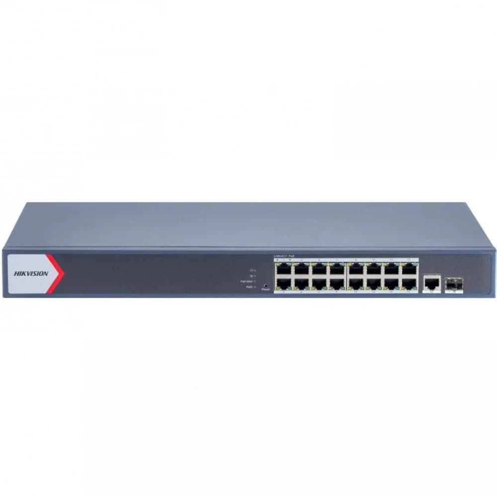 PoE-коммутатор Hikvision 16 Port Gigabit Smart POE Switch 16 x gigabit PoE RJ45 ports, 1 × gigabit RJ45 port, 1 x gigabit fiber optical port Total PoE power budget 130 W Unified cloud management for