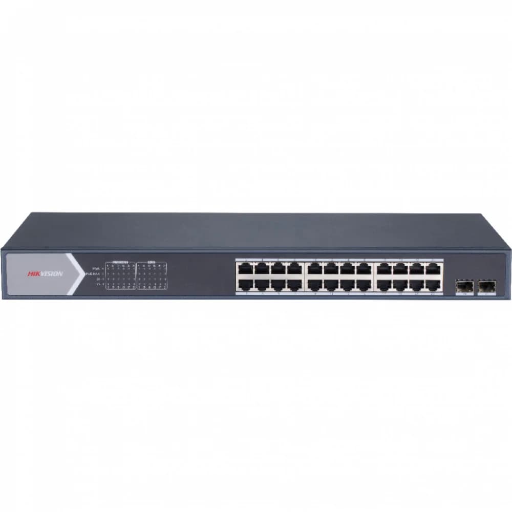 L2, Смарт-управляемый, 24 1000M RJ45 PoE-порт, 2 Gigabit combo порт, 802.3af/at, бюджет PoE 370W, поддержка режима передачи до 300м, визуализированная топология управления(Hik-Central/iVMS 4205/Hik-