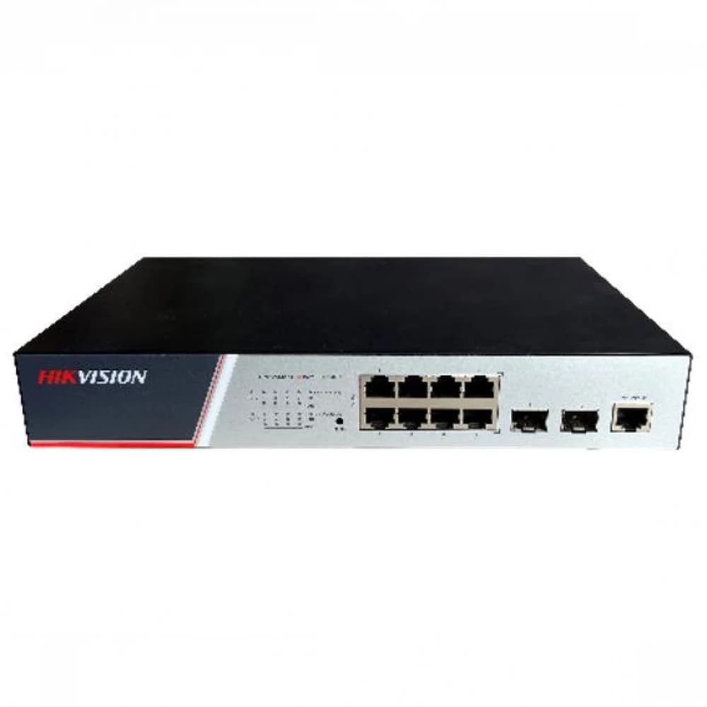 Коммутатор, Hikvision, DS-3E2510P(B), Управляемый, 8 1Gbit port, 2 Gigabit / 100M SFP optical ports, 8 портов PoE, 802.3af/802.3at, 802.1Q VLAN, GVRP, настольный, метал