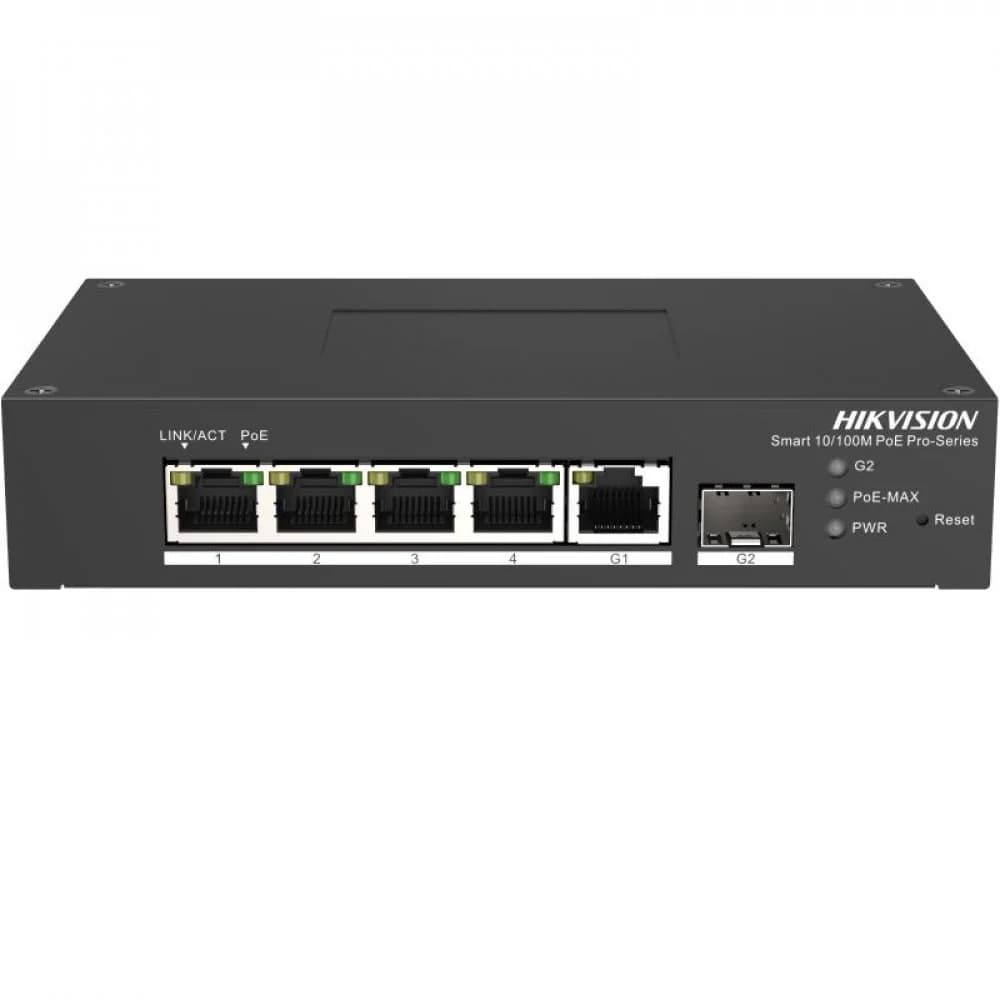 Коммутатор, Hikvision, DS-3T1306P-SI/HS, Управляемый L2, 4 x 10/100 Mbps, РоЕ 802.3af/at 60W, 1 x Gigabit RJ45, 1 x SFP combo, Настольный, Long Range Ports 1 to 4: up to 300 m.