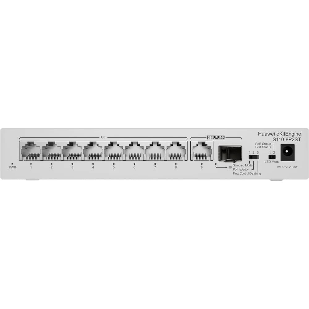 Коммутатор Huawei S110-8P2ST (8*10/100/1000BASE-T, 124W PoE+, 1*GE SFP, 1*10/100/1000BASE-T port, power adapter 56V DC)