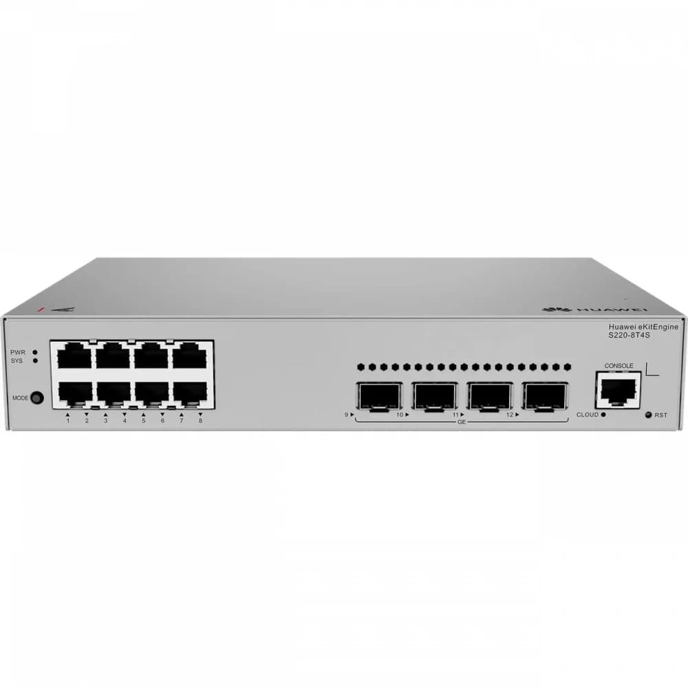 Коммутатор, Huawei, S220S-8P4JX, Управляемый L2, 8*10/100/1000BASE-T, PoE 802.3af/at, 128W, 2*10GE SFP+, 2*2.5GE SFP, Стоечный