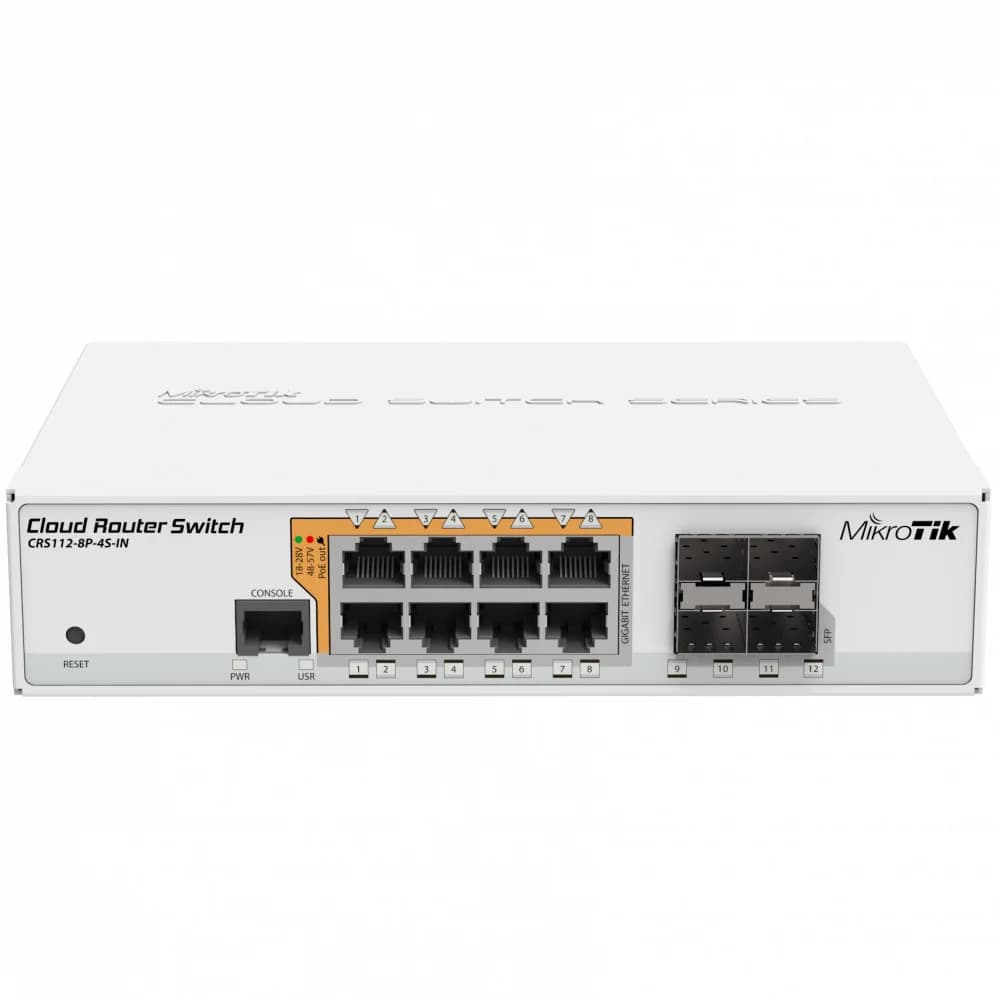 Современный управляемый коммутатор Mikrotik CRS112-8P-4S-IN имеет 8 гигабтных портов типа RJ45 и 4 слота SFP. Он объединяет в себе функциональные особенности роутера и коммутатора 3-го уровня. Все 8