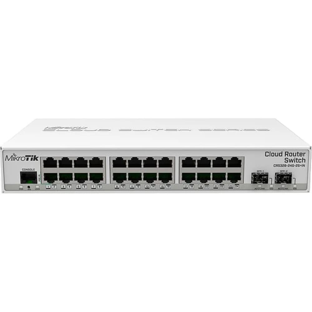 MikroTik Cloud Router Switch 326-24G-2S+IN with 800 MHz CPU, 512MB RAM, 24xGigabit LAN, 2xSFP+ cages, RouterOS L5 or SwitchOS (dual boot), desktop case, PSU