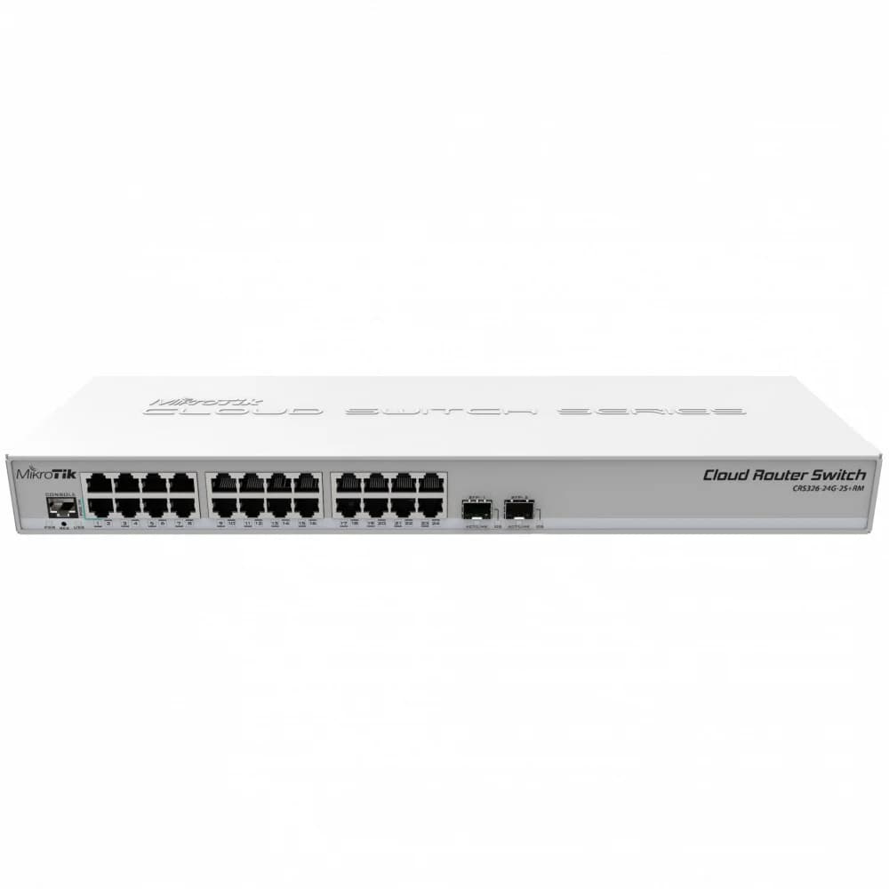 MikroTik Cloud Router Switch 326-24G-2S+RM with 800 MHz CPU, 512MB RAM, 24xGigabit LAN, 2xSFP+ cages, RouterOS L5 or SwitchOS (dual boot), 1U rackmount case, PSU