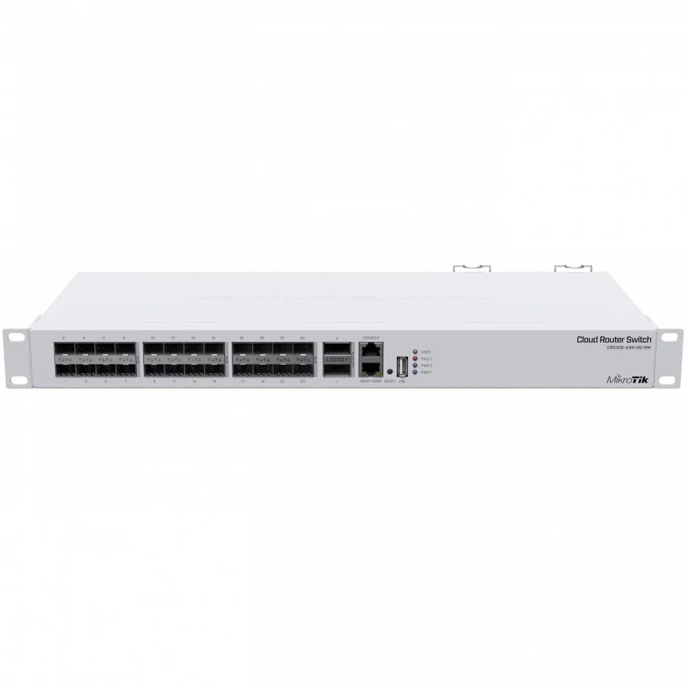 CRS326-24S+2Q+RM Cloud Router Switch 326-24S+2Q+RM with 2 x 40G QSFP+ cages, 24 10G SFP+ cages, 1x LAN port for management, RouterOS L5 or SwitchOS (dual boot), 1U rackmount enclosure, Dual redundan