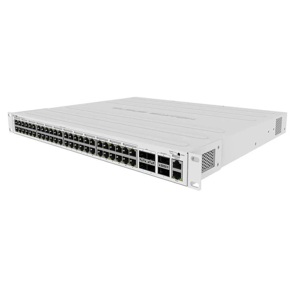 MikroTik Cloud Router Switch 354-48P-4S+2Q+RM with 48 x Gigabit RJ45 LAN (all PoE-out), 4 x 10G SFP+ cages, 2 x 40G QSFP+ cages, RouterOS L5, 1U rackmount enclosure, 750W PSU