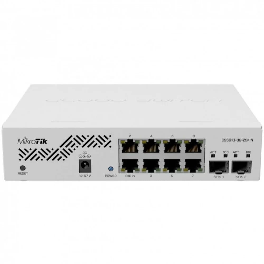 Коммутатор, MikroTik, CSS610-8G-2S+IN, Cloud Smart Switch, 8 портов 10/100/1000M, 2 порта SFP+, Passive PoE in, SwitchOS Lite, -40°C to 60°C, desktop case