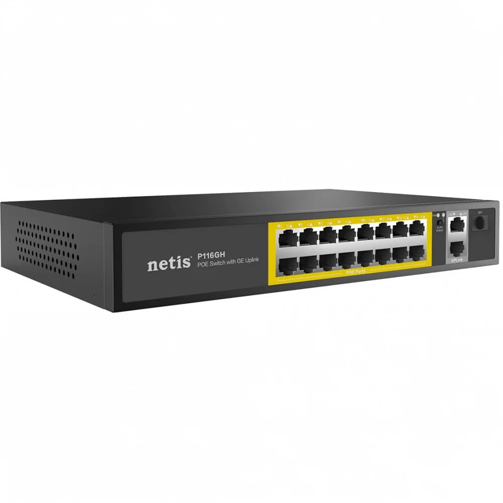 Switch 16 port 10/100M + 2 x 10/100/1000M uplink RJ45 + 1 x SFP, Netis P116GH, PoE 200W, rack