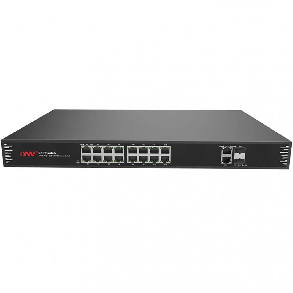 Коммутатор PoE 16-портовый ONV-POE33020PF 16*10/100/1000M POE port,802.3af/at+2*10/100/1000M, RJ 45+ 2*1000M SFP fiber slot, Built-in power supply, compatible with 1U rack
