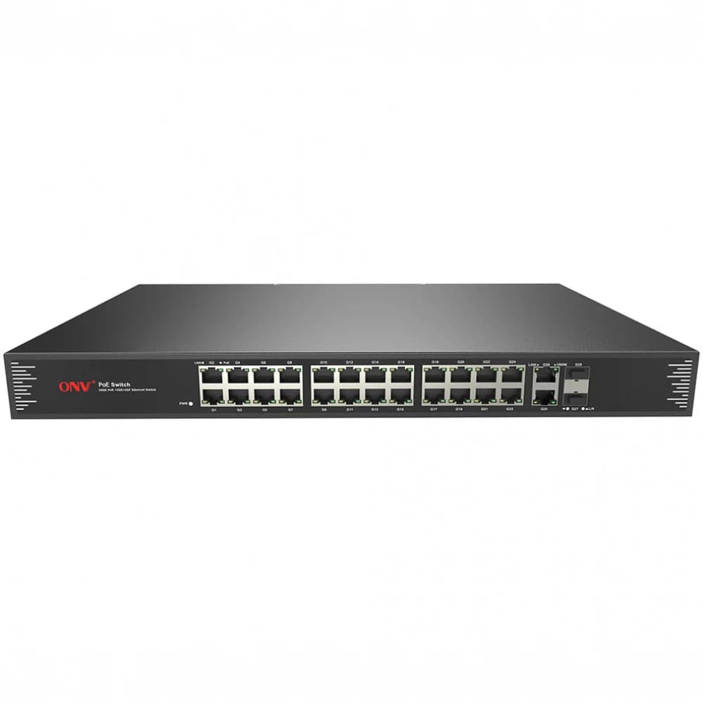 Коммутатор PoE 24-портовый ONV-POE33028PF 24*10/100/1000M POE port,802.3af/at+2*10/100/1000M,RJ 45 +2*1000M SFP fiber slot. Built-in power supply, compatible with 1U rack. Fiber module excluded. Fan