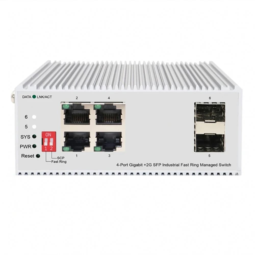 Managed L2 Industrial Fast Ring Switch 4x1000Base-T, 2x1000Base-X SFP, Surge 4KV, -40 to 75°C