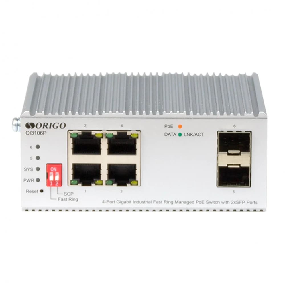 Коммутатор/ Managed L2 Industrial Fast Ring Switch 4x1000Base-T PoE, 2x1000Base-X SFP, PoE Budget 60W, Surge 4KV, -40 to 75°C