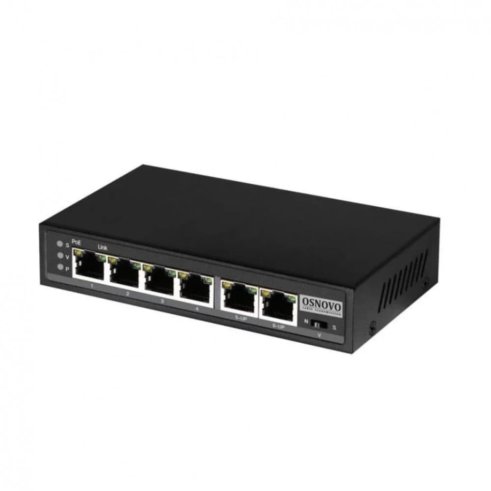 OSNOVO Коммутатор/ удлинитель FE на 6 портов с питанием по PoE, 4 *10/100 Base-T PoE, 1 *10/100 Base-T Uplink с поддержкой питания по PoE (до 90W), 1 *10/100 Base-T Uplink, PoE на порт - до 30W, сум