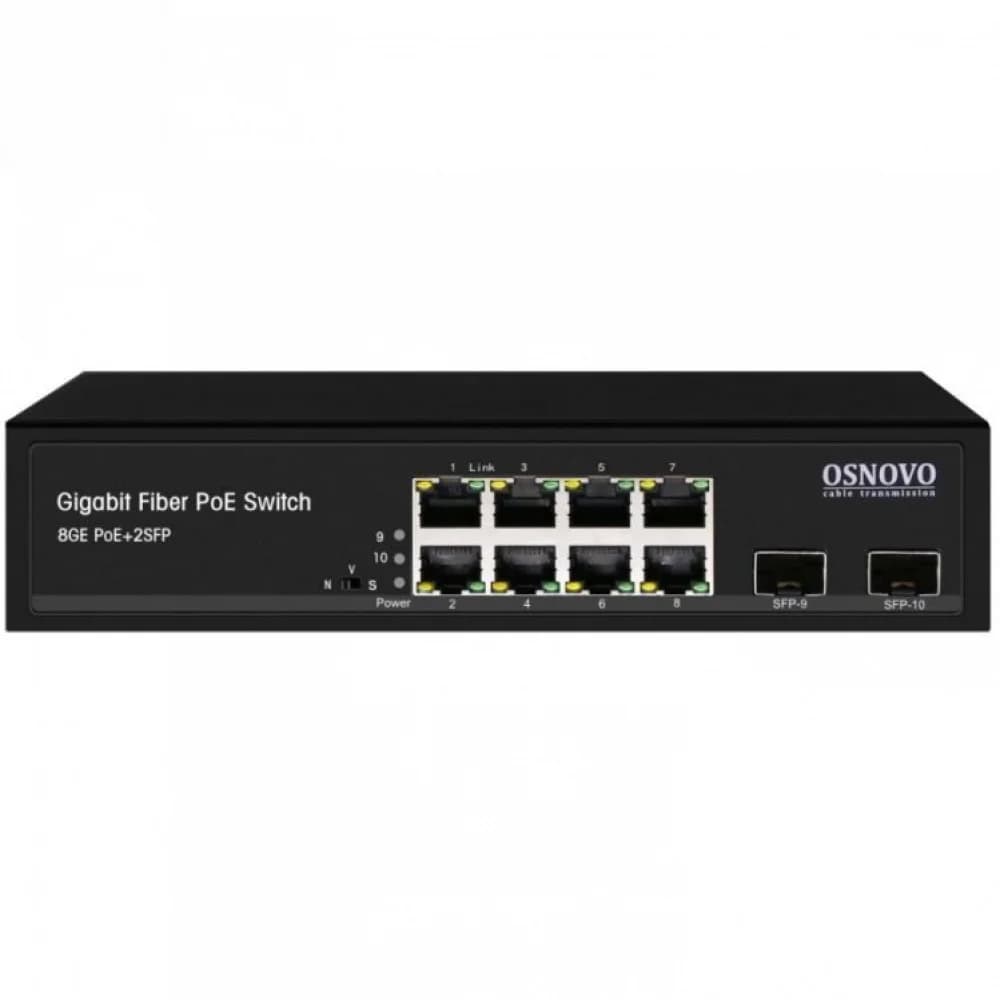 OSNOVO Гигабитный PoE коммутатор на 10 портов, 8 *10/100/1000 Base-T PoE, 2*SFP 1000 Base-T, PoE на порт до 30W, суммарно до 150W