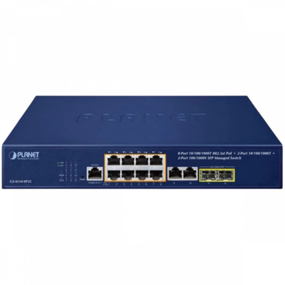 коммутатор/ PLANET GS-4210-8P2C IPv4/IPv6, 8-Port Managed 802.3at POE+ Gigabit Ethernet Switch + 2-Port 10/100/1000Mbps RJ45 + 2-Port 100/1000X SFP (120W PoE Budget, 250m Extend mode, supports Cloud