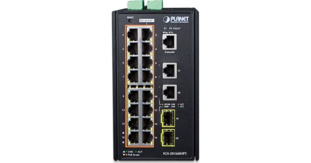 IP30 Industrial L2+/L4 16-Port 1000T 802.3at PoE+ 2-Port 1000T + 2-port 100/1000X SFP Full Managed Switch (-40 to 75 C, dual redundant power input on 48~56VDC terminal block, DIDO, ERPS Ring Support