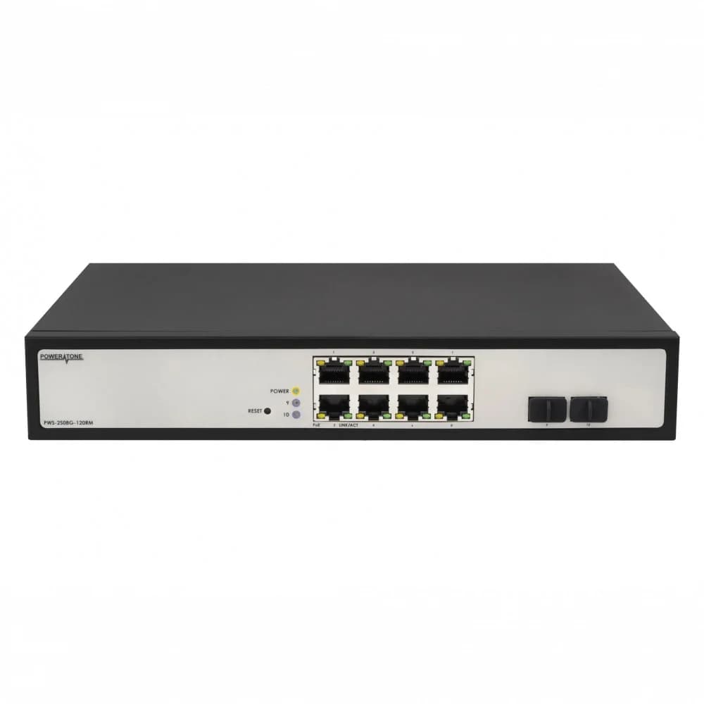 Управляемый гигабитный 8 портовый Web Smart PoE коммутатор POWERTONE PWS-2S08G-120RM