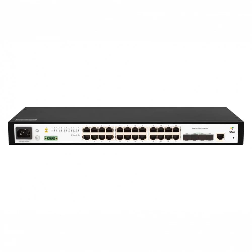Коммутатор SNR Управляемый коммутатор уровня 2+, 24 порта 10/100/1000Base-T, 4 порта 1/10G SFP+, встроенный БП ~220V AC, разъем для АКБ 12V с возможностью заряда